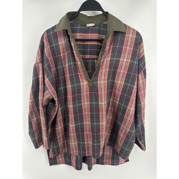 Free People Boho Hippie Pull Over oversized Long Sleeve Flannel Plaid - Picture 1 of 3